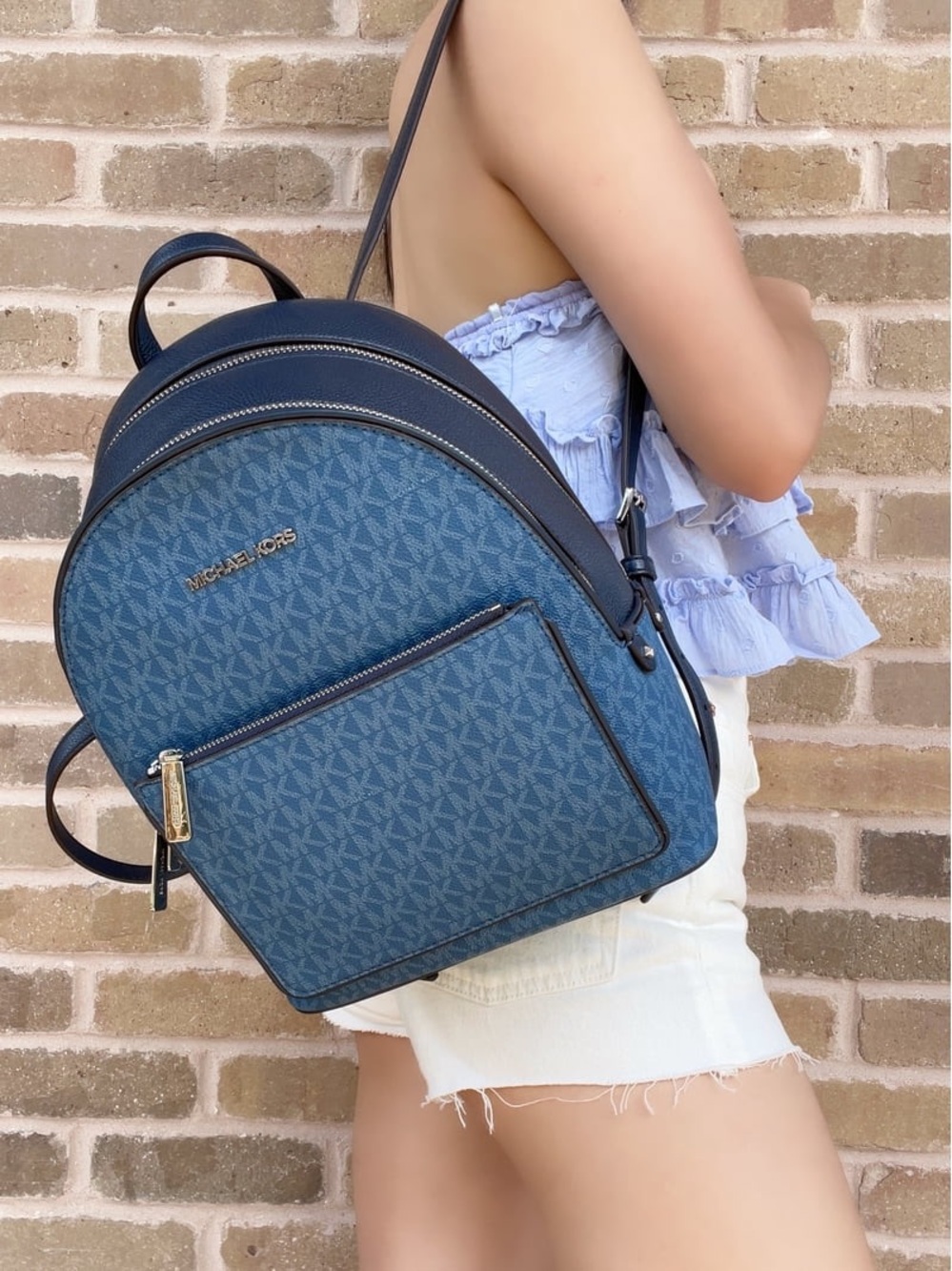 Michael Kors Blue Adina Signature MK Monogram Backpack with Gold Hardware